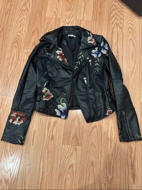 Dex Black Faux Leather Embroidered Moto Jacket